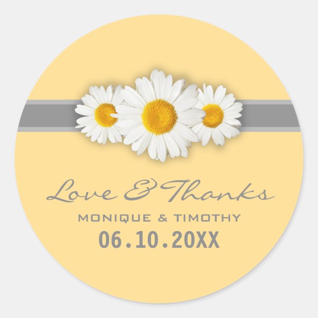 Daisy Ribbon - Yellow Gray & White Thank You Classic Round Sticker (Front)