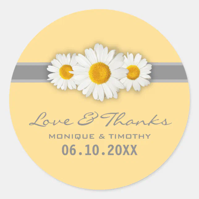 Daisy Ribbon - Yellow Gray & White Thank You Classic Round Sticker | Zazzle