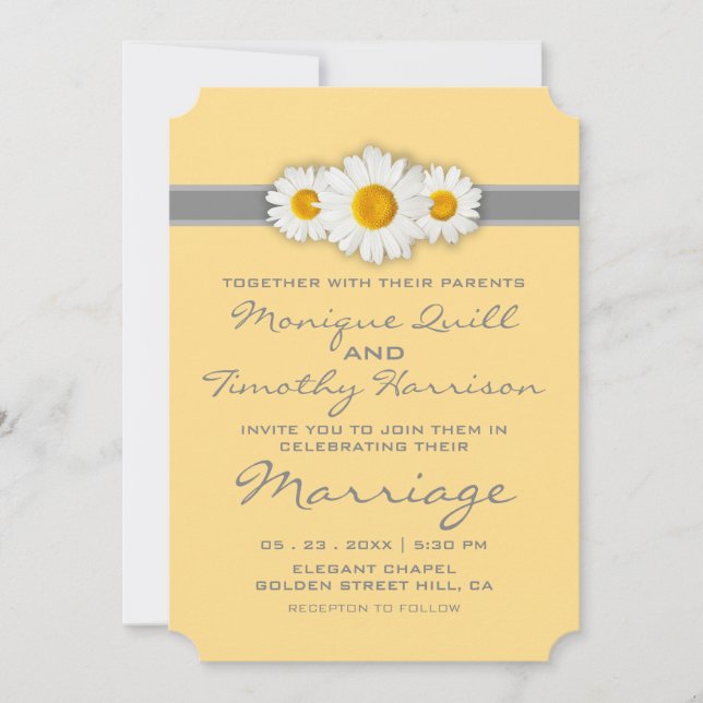 Daisy Ribbon - Yellow Gray & White Wedding Invitation (Front)