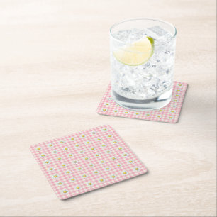 Daisy Rows on Pink Gingham Square Paper Coaster