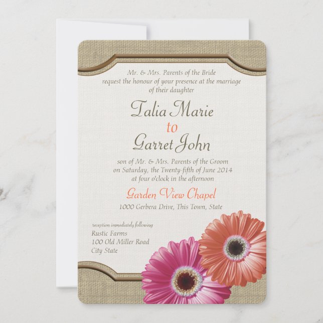 Daisy Rustic Burlap Coral and Pink Invitation (Front)