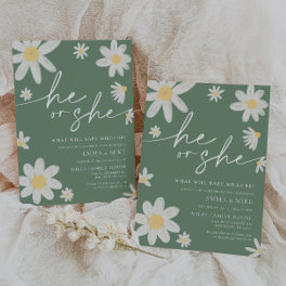 Daisy Sage Green Gender Reveal He or She Invitation