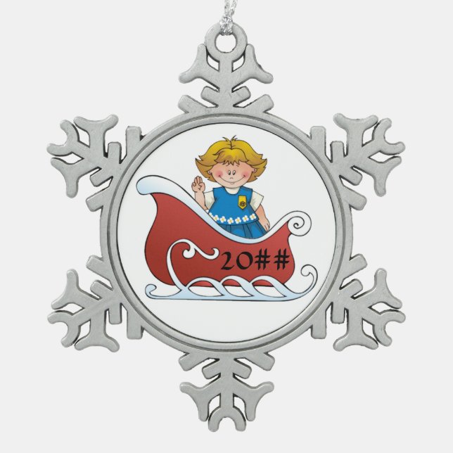 Daisy Scout Sled Blonde Snowflake Pewter Christmas Ornament (Front)
