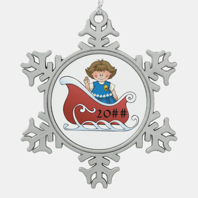 Daisy Scout Sled Brunette Snowflake Pewter Christmas Ornament (Front)