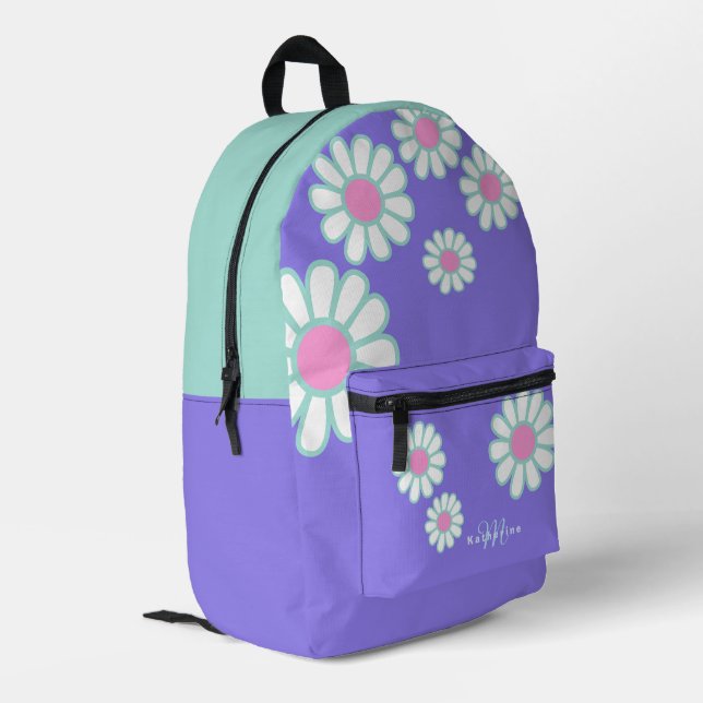 Daisy Simple Monogram Purple Printed Backpack (Back Corner Left)