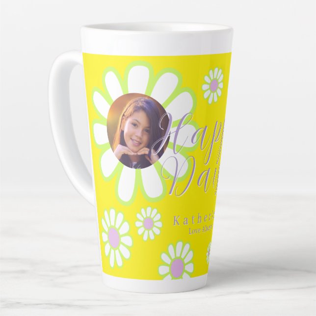 Daisy Simple Photo Birthday Yellow Latte Mug (Left Angle)