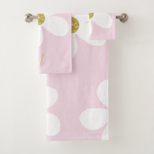 Daisy Simple Pink White  Gold Personal Bath Towel Set