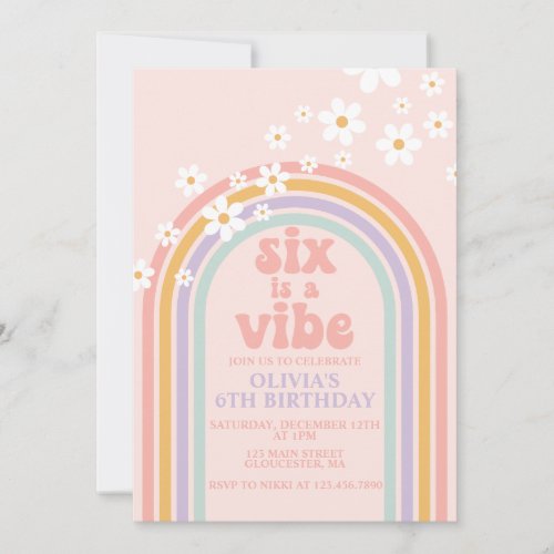 Daisy Six is a Vibe Pastel rainbow 6th birthday Invitation