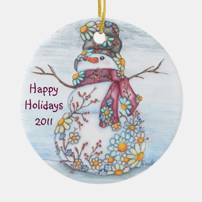 Daisy Snowman Ceramic Ornament (Front)