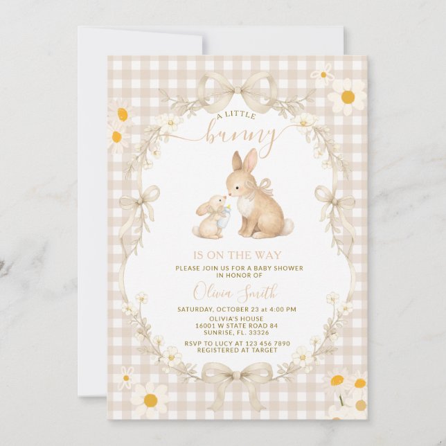 Daisy Spring Neutral Gingham Bunny Baby Shower Invitation (Front)
