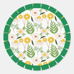 Daisy Springtime Pattern, green frame, Classic Round Sticker