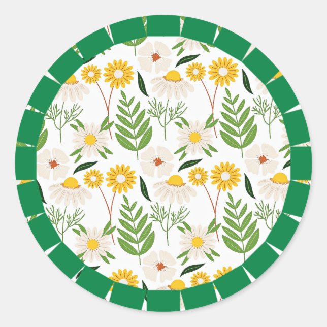 Daisy Springtime Pattern, green frame, Classic Round Sticker (Front)