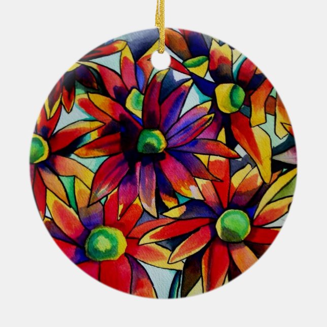 Daisy Straw multicoloured wildflowers art Ceramic Ornament (Back)