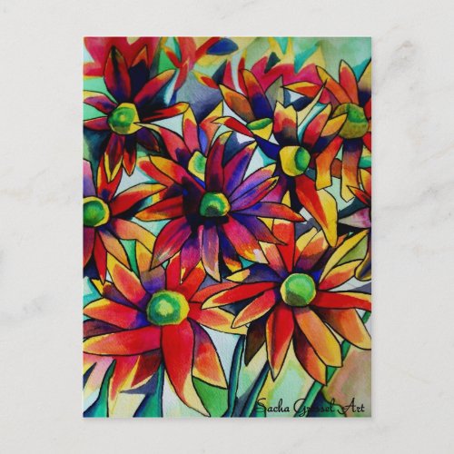 Daisy Straw multicoloured wildflowers art Postcard