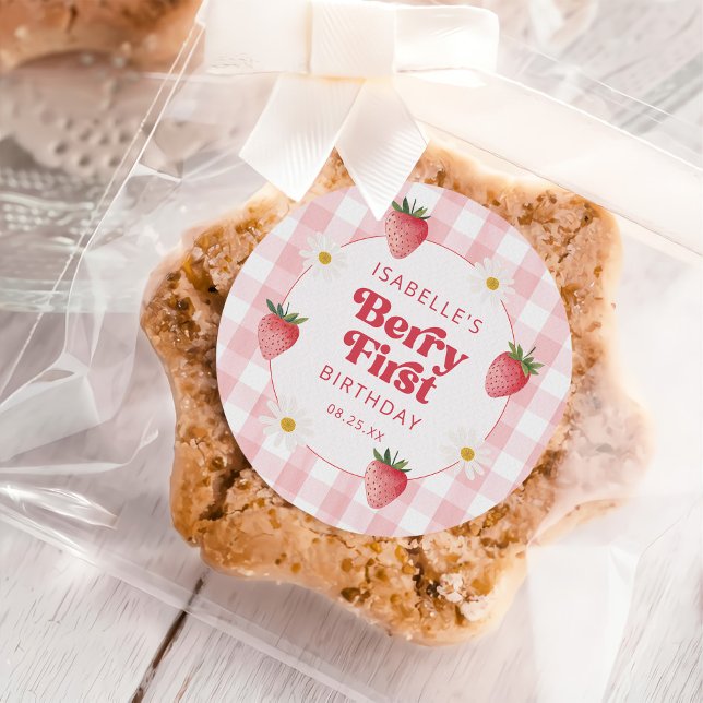 Daisy Strawberry Berry First 1st Birthday Classic Round Sticker (Creator Uploaded)