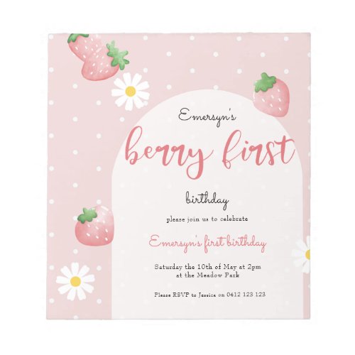 Daisy Strawberry Berry First Birthday Invitation Notepad