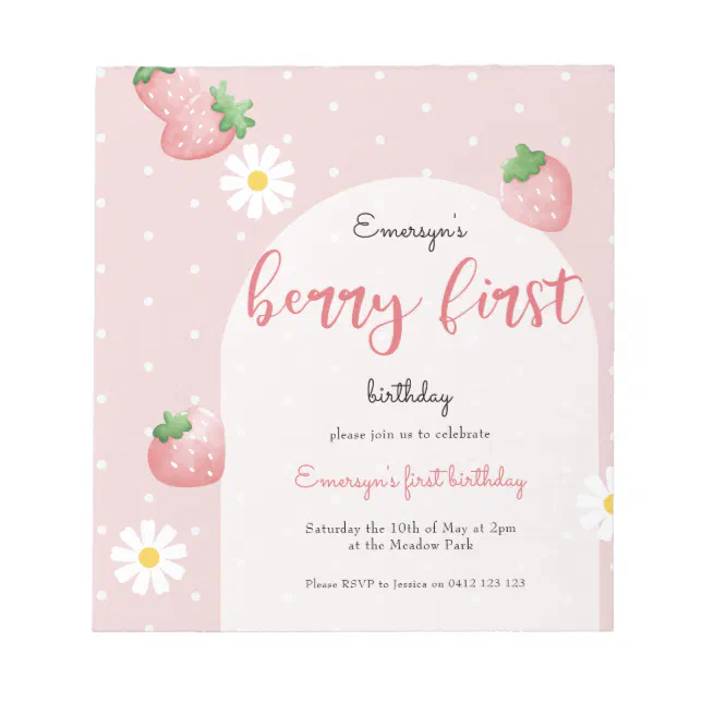 Daisy Strawberry Berry First Birthday Invitation Notepad | Zazzle