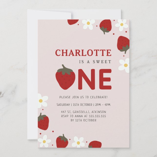 Daisy Strawberry Light Grey 1st Summer Birthday Invitation (Front)