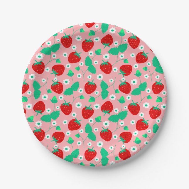 Daisy Strawberry Pattern Pink & Red Paper Plates (Front)