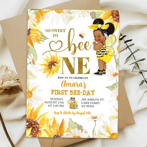 Daisy Sunflower Afro Girl First BeeDay Birthday Invitation