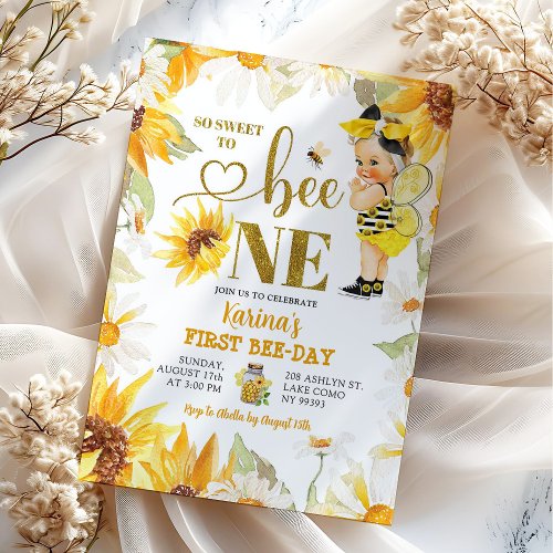 Daisy Sunflower Blonde Girl First Bee_Day Birthday Invitation