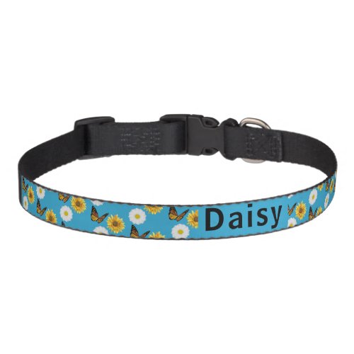 Daisy Sunflower Butterfly on Aqua Blue Floral Pet Collar