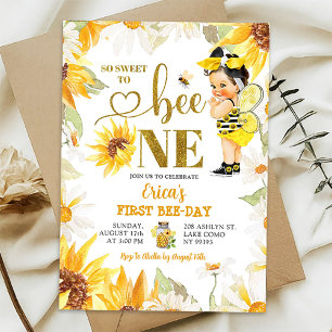 Daisy Sunflower Girl's First Bee-Day Birthday Invitation