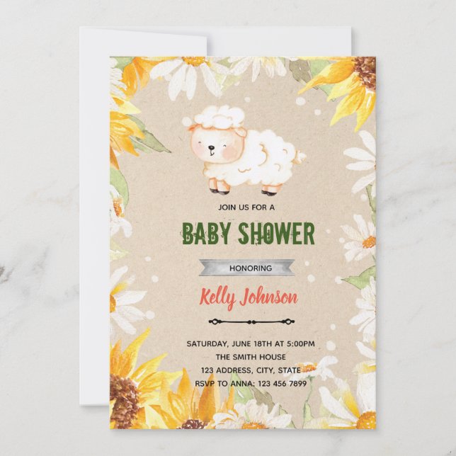 Daisy sunflower lamb shower birthday invitation (Front)