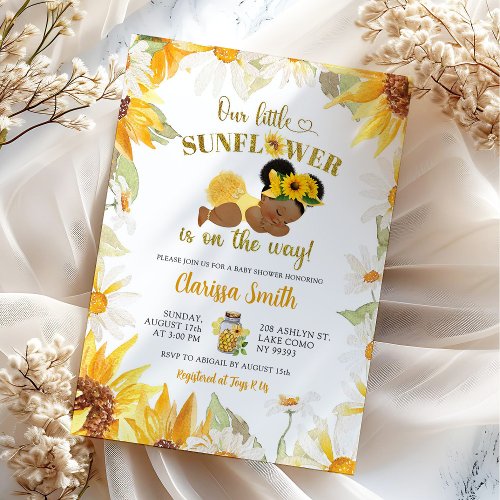 Daisy Sunflower On The Way Afro Girl Baby Shower Invitation