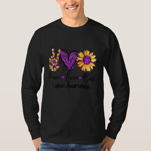 Daisy Sunflower Peace Love Cure Purple Lupus Aware T-Shirt (Front)