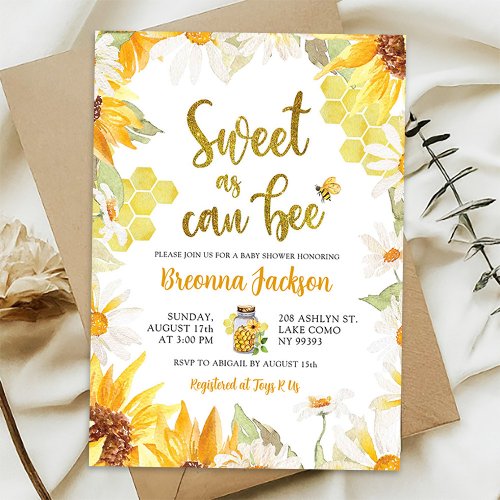 Daisy Sunflower Sweet as can Bee Baby Shower Invitation
