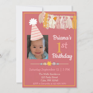 Daisy Tassel Party Hat Pink Girls First Birthday Invitation