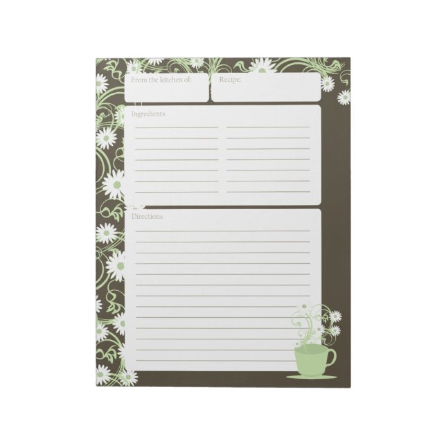 Daisy Tea Party Green Floral Recipe Pages Notepad (Rotated)