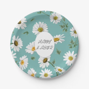 Daisy Teal Floral Colorful Pattern Easter Spring Paper Plates