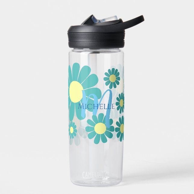 Daisy Teal Monogram Water Bottle (Left)
