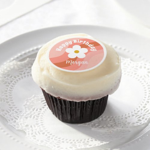 Daisy Terracotta Peach Retro Party Cupcakes Edible Frosting Rounds