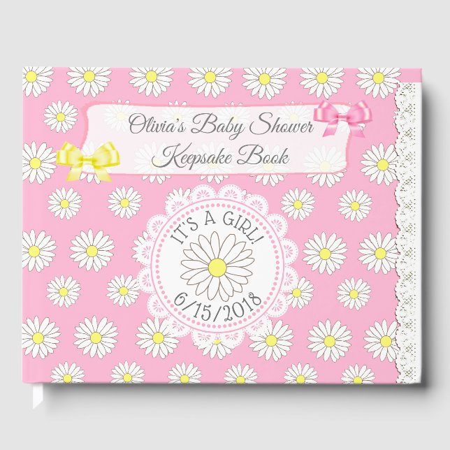 Daisy Themed Girl's Baby Shower Guestbook Keepsake (Front)