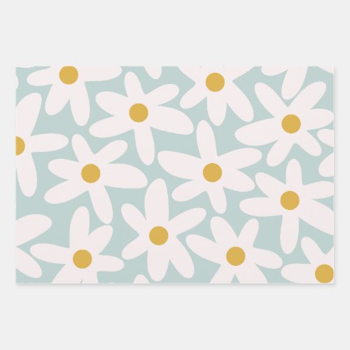 Daisy Time Cute Retro Floral Pattern Ice Blue Wrapping Paper Sheets