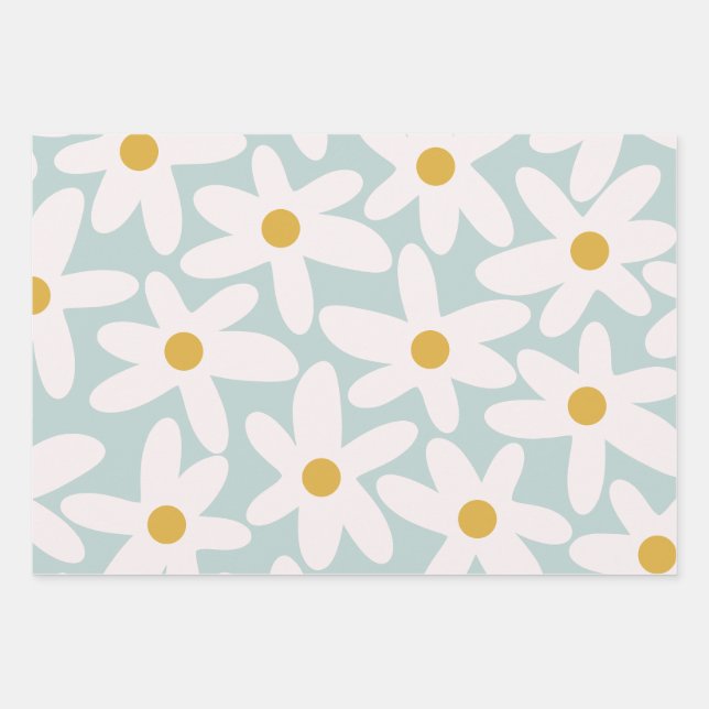 Daisy Time Cute Retro Floral Pattern Ice Blue Wrapping Paper Sheets (Front 2)