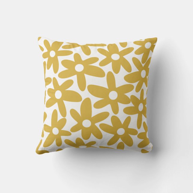 Daisy Time Cute Retro Floral Pattern in Mustard Throw Pillow (Back)