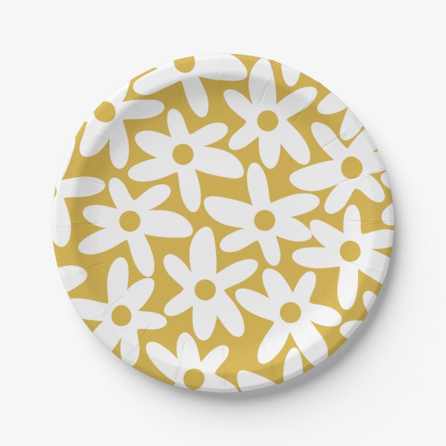 Daisy Time Cute Retro Modern Flowers in Mustard Paper Plates (Front)