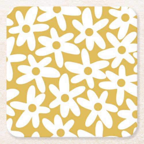 Daisy Time Cute Retro Modern Flowers in Mustard Square Paper Coaster