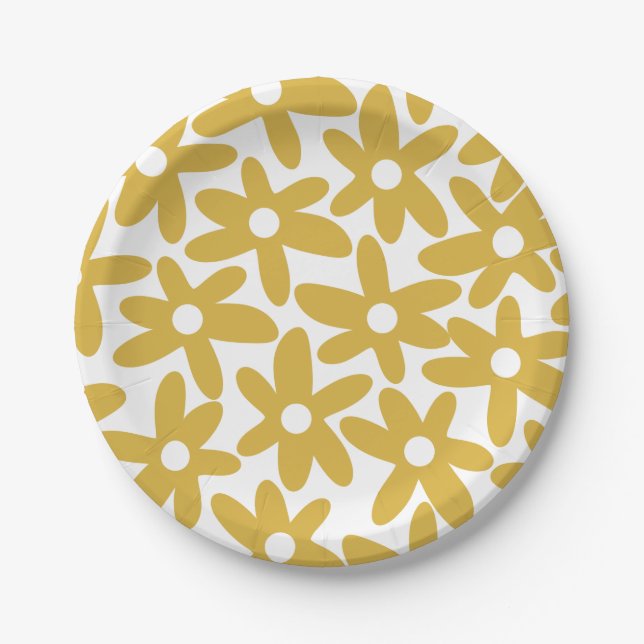 Daisy Time Cute Retro Modern Mustard Flowers Paper Plates (Front)