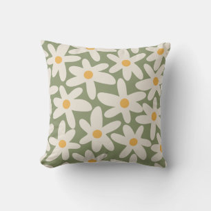 Daisy Time Retro Flower Pattern Sage Green Throw Pillow