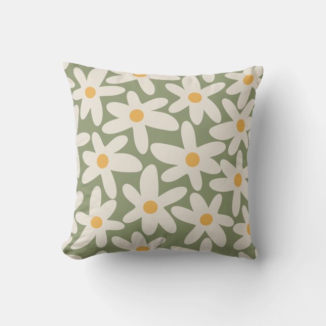 Daisy Time Retro Flower Pattern Sage Green Throw Pillow (Front)