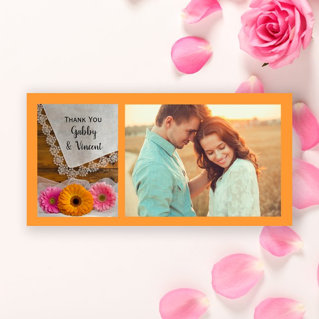 Daisy Trio and Lace Wedding Thank You Photo Card (Creator Uploaded)