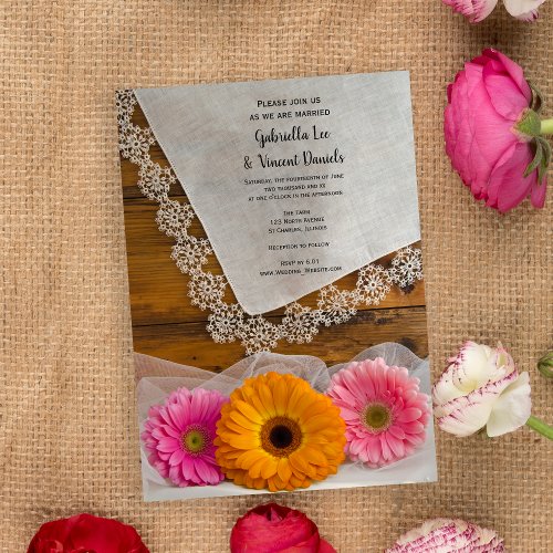Daisy Trio with Vintage Lace Country Barn Wedding Invitation
