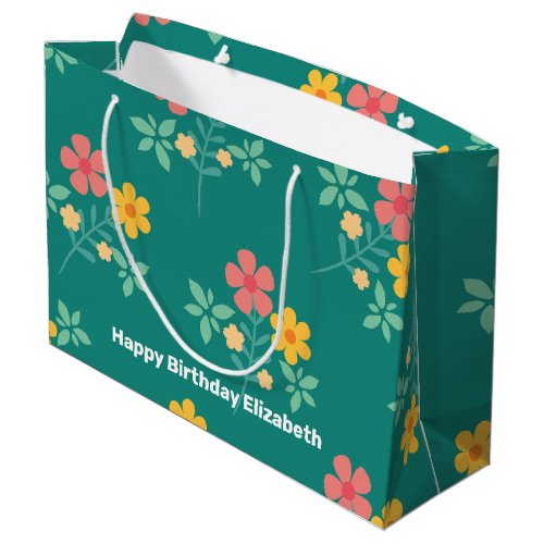 Daisy Vintage Bouquet Pattern in Green Customized  Large Gift Bag