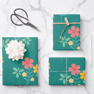 Daisy Vintage Bouquet Pattern in Green Wrapping Paper Sheets