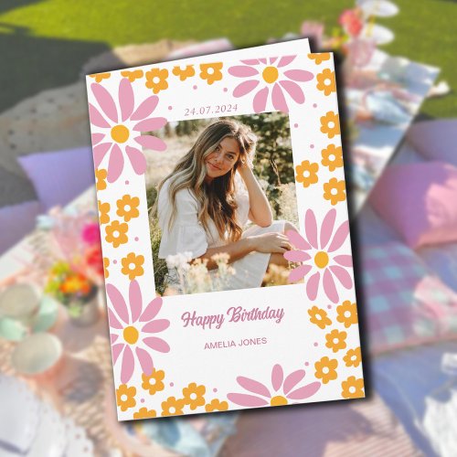 Daisy Warm Florals Photo Happy Birthday Card